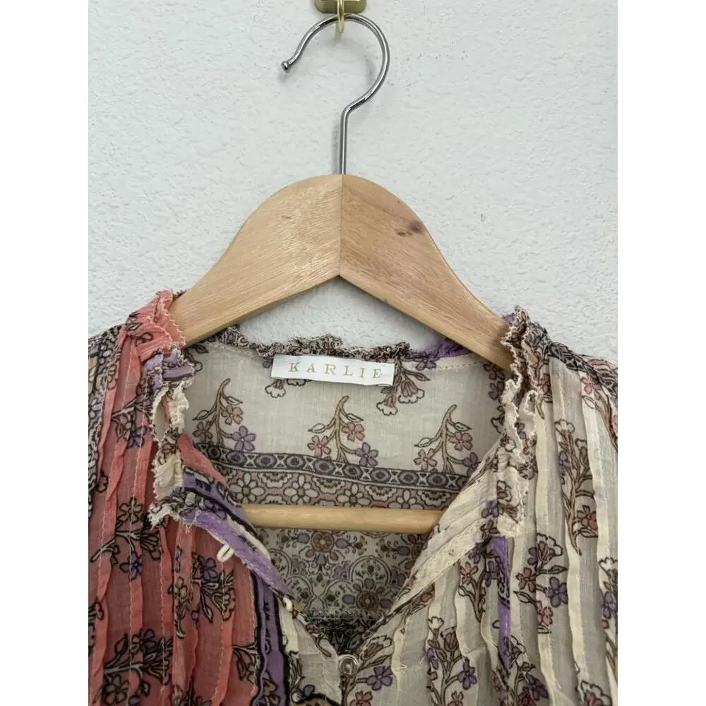 Karlie Patchwork Floral Peasant Blouse in Coral, Lavender & Cream - Picture 3 of 7